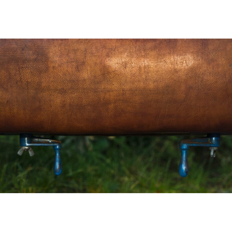 Vintage gymnastic leather pommel horse bench with wooden handles, 1920s