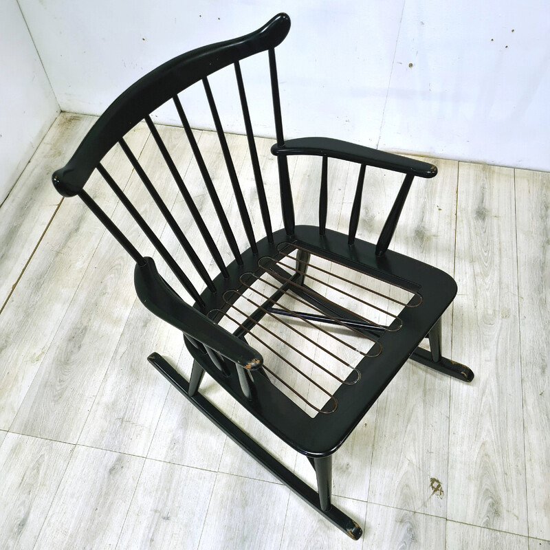 Vintage zwarte schommelstoel met spindelrug van Farstrup Møbler, Denemarken 1960