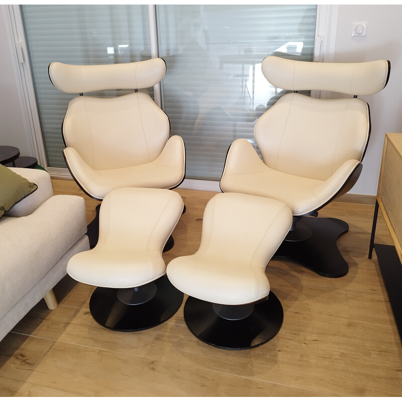 Pair of vintage Tok armchairs in white leather and wood by Toshiyuki Kita