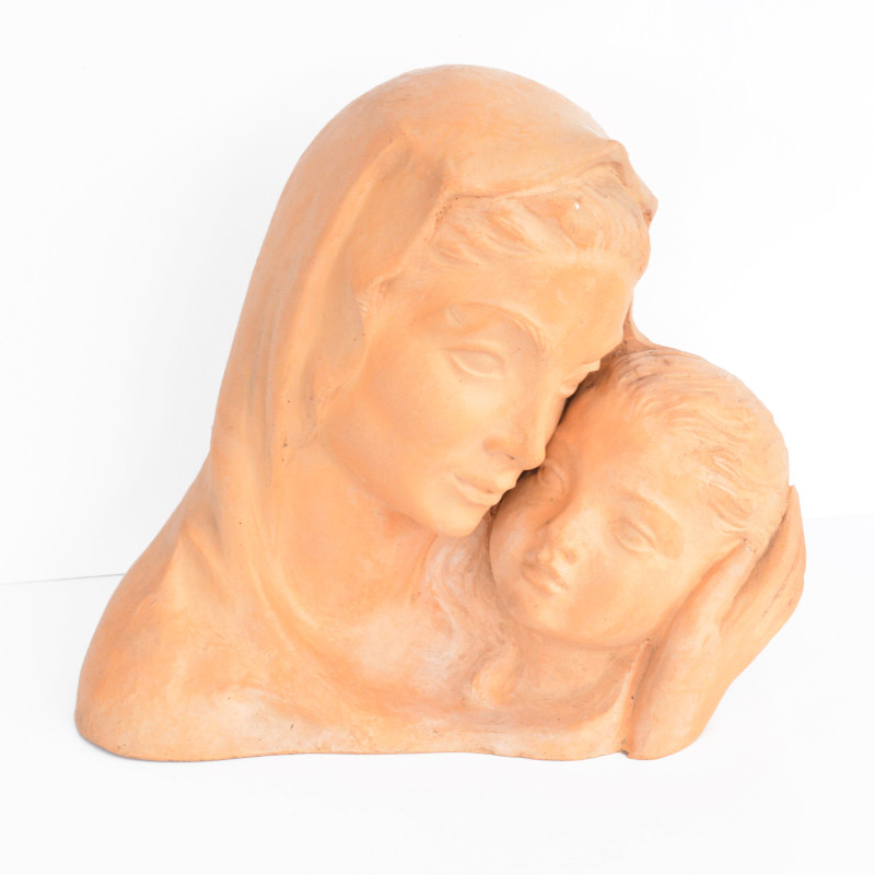 Buste vintage de Marie avec un enfant en argile par Karel Havlíček, République tchèque 1942