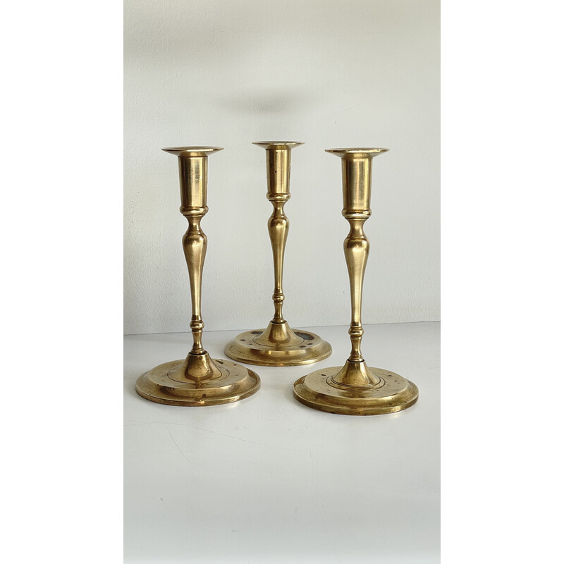 Set of 3 vintage patina brass candlesticks