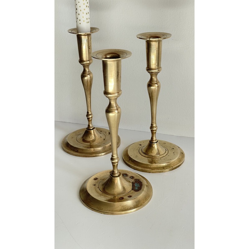 Set of 3 vintage patina brass candlesticks