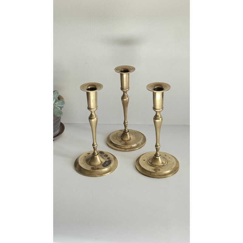 Set of 3 vintage patina brass candlesticks