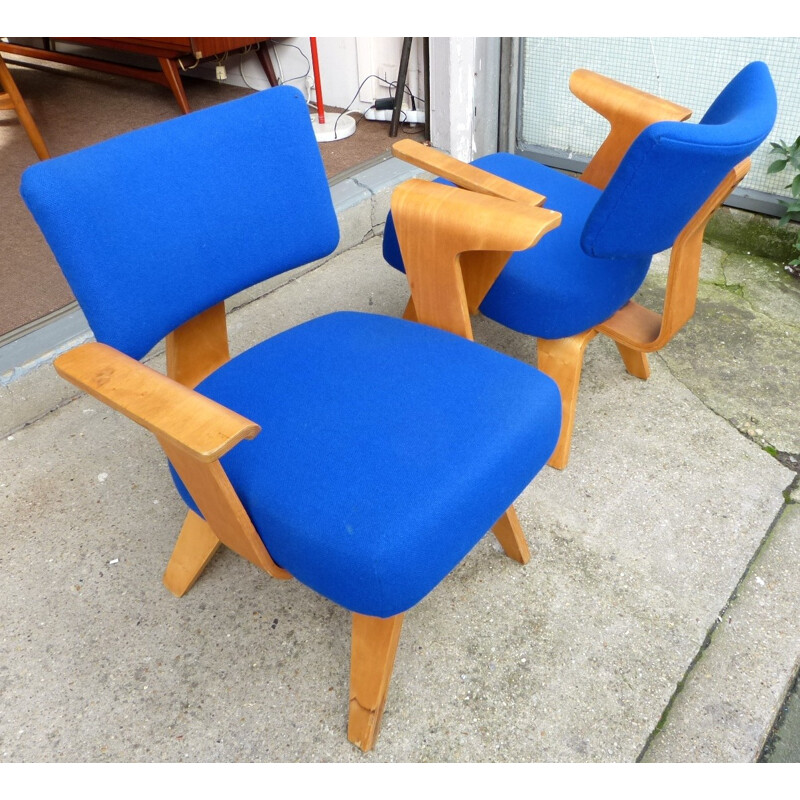 Pair of royal blue armchairs, Cor ALONS - Version 1946