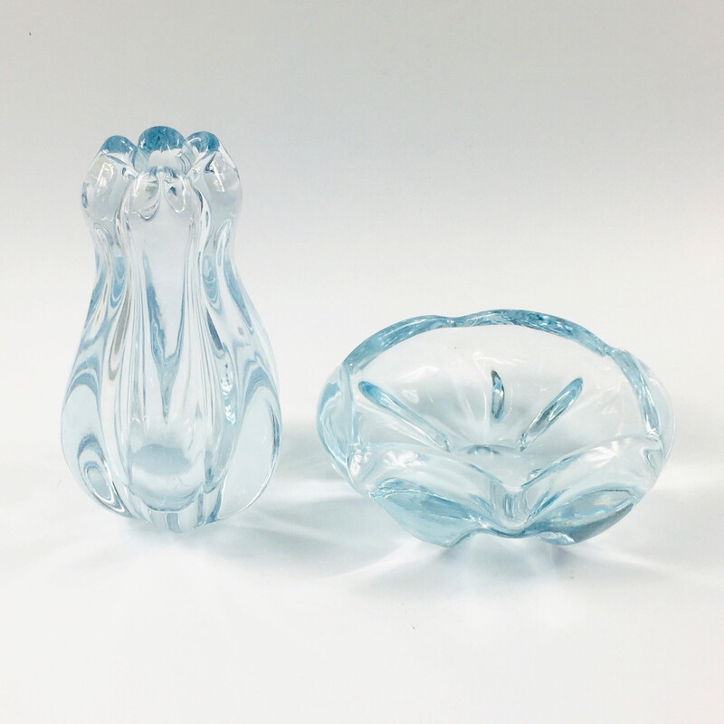 Scandinavian vintage "Stella Polaris" crystal vase and bowl by Vicke Lindstrand for Orrefors, Sweden 1970s