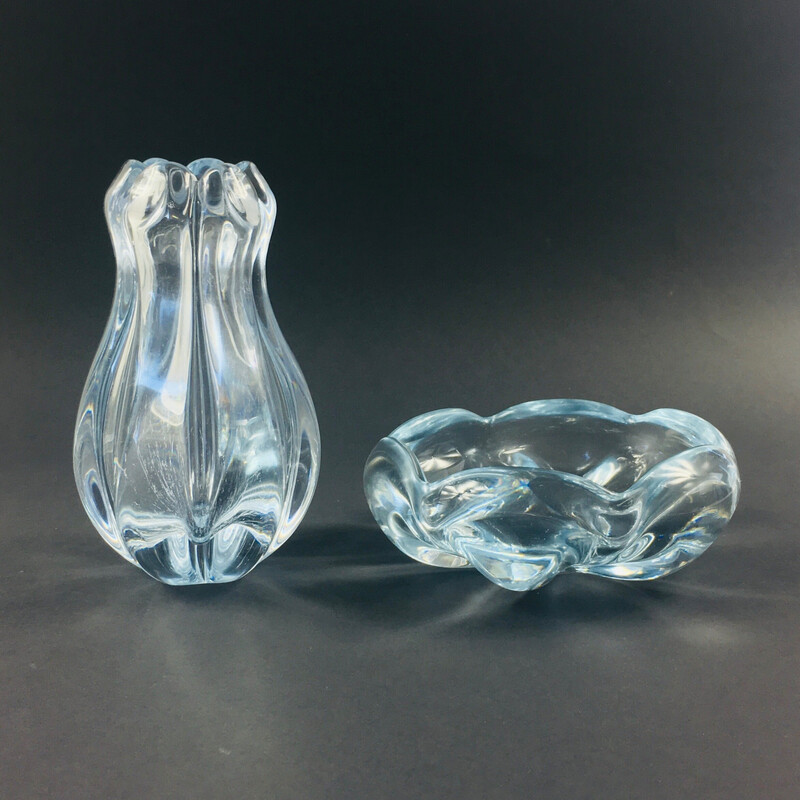 Scandinavian vintage "Stella Polaris" crystal vase and bowl by Vicke Lindstrand for Orrefors, Sweden 1970s