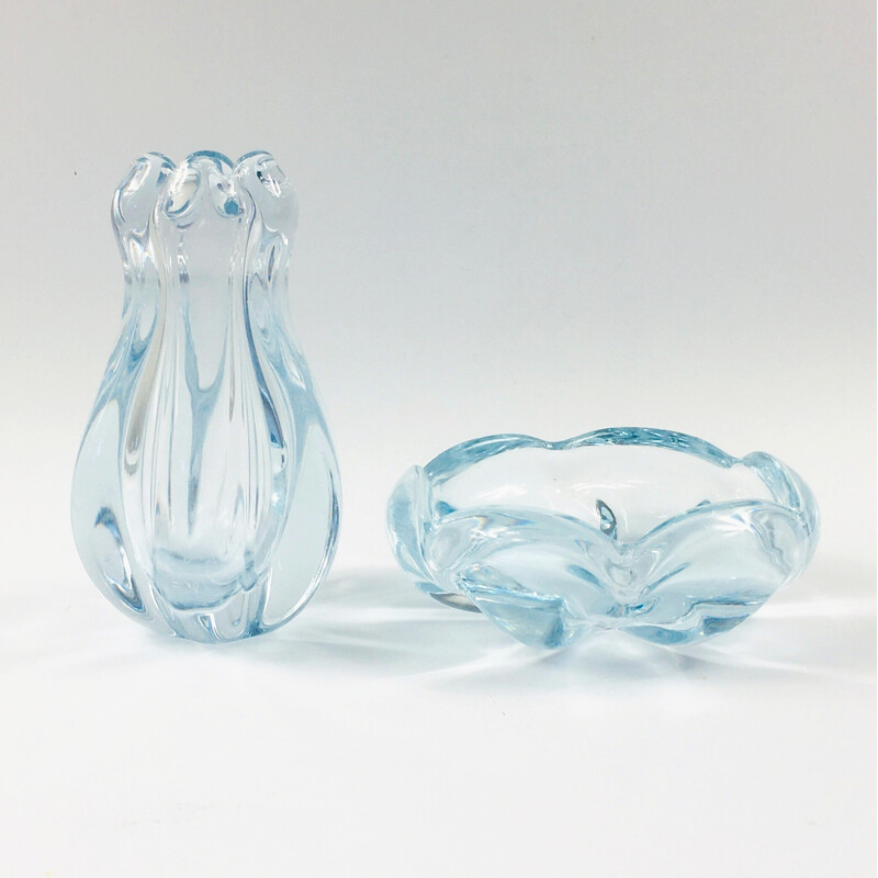 Scandinavian vintage "Stella Polaris" crystal vase and bowl by Vicke Lindstrand for Orrefors, Sweden 1970s