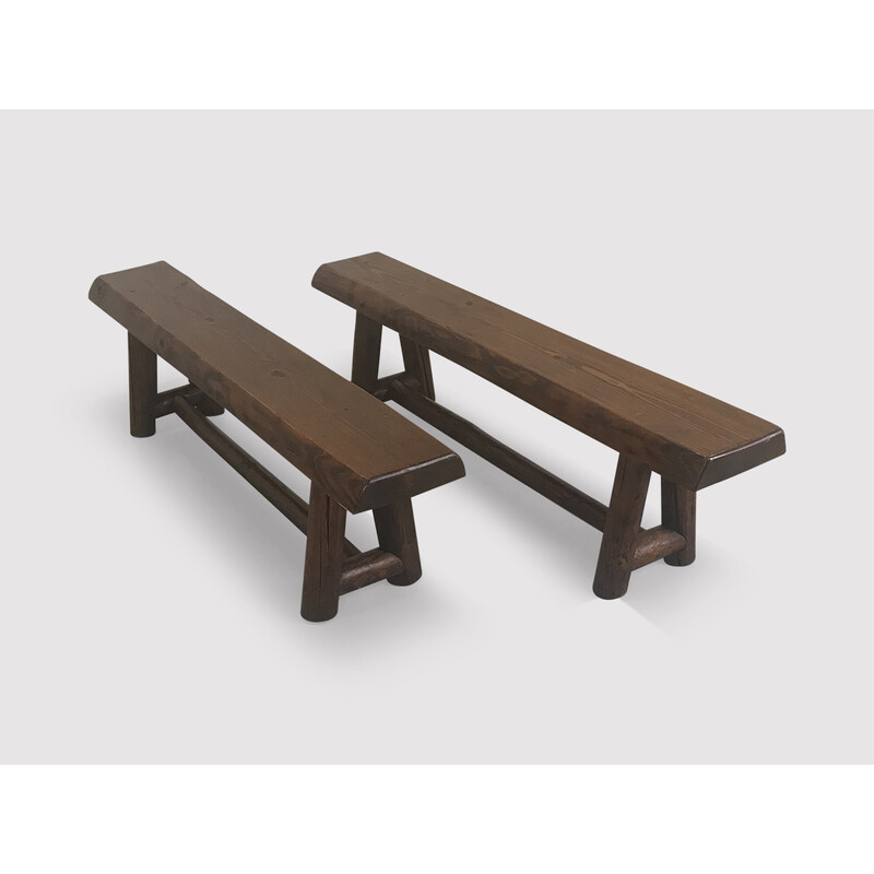 Pair of vintage Brutalist solid oakwood benches, France 1970s