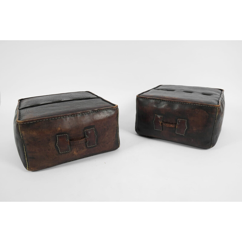 Pair of vintage leather poufs with carrying handle