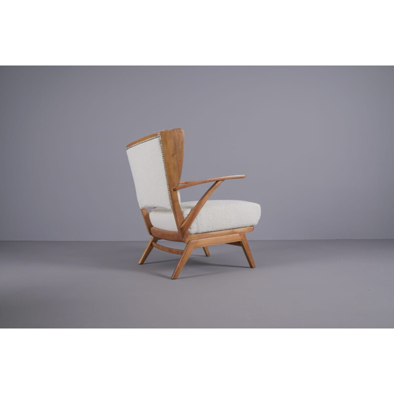 Pair of vintage wooden and boucle armchairs, 1950s