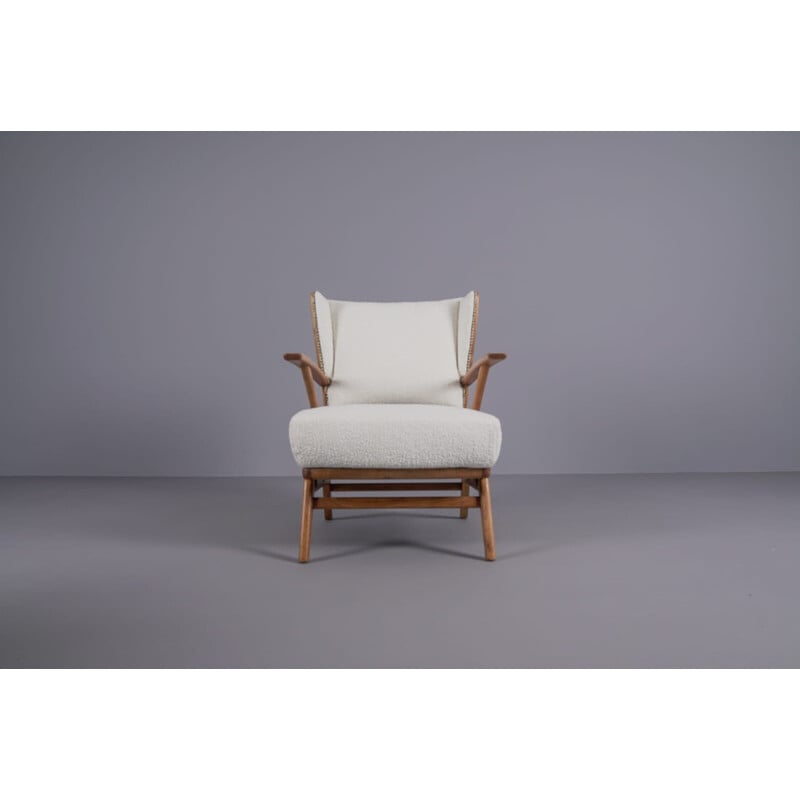 Paar Vintage-Sessel aus Holz und weißem Bouclé, 1950er Jahre