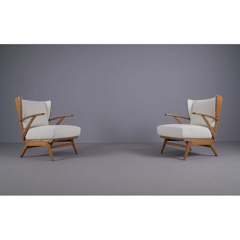 Pair of vintage wooden and boucle armchairs, 1950s