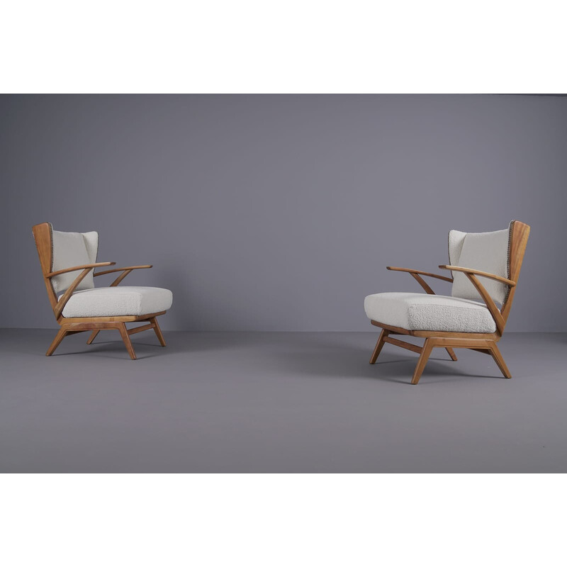 Pair of vintage wooden and boucle armchairs, 1950s