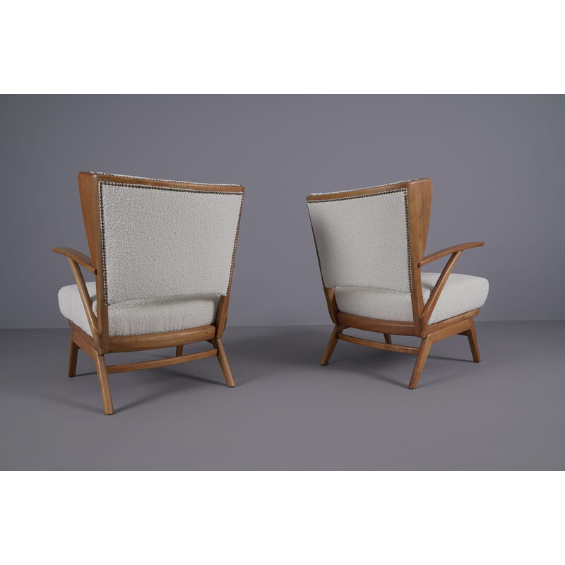 Pair of vintage wooden and boucle armchairs, 1950s