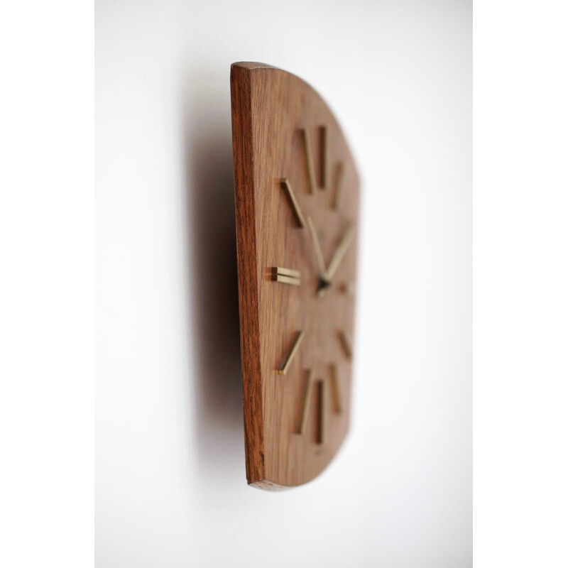 Mid-century teak and brass wall clock by Elexacta Schatz, Germany 1960s