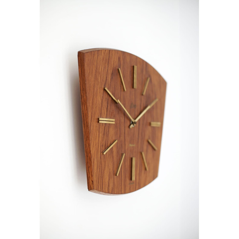 Mid-century teak and brass wall clock by Elexacta Schatz, Germany 1960s