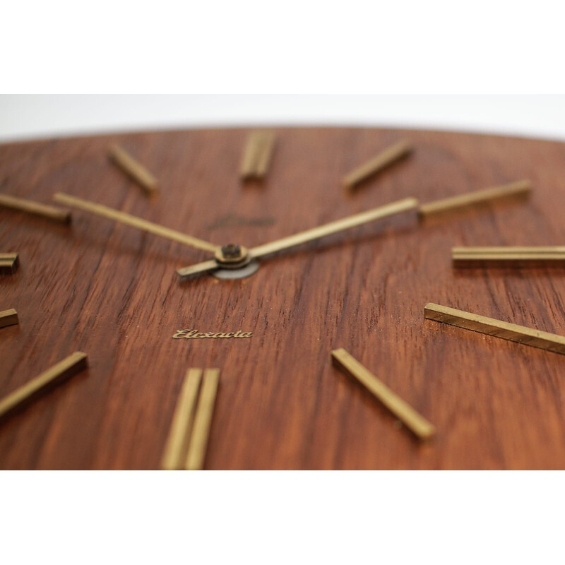 Mid-century teak and brass wall clock by Elexacta Schatz, Germany 1960s