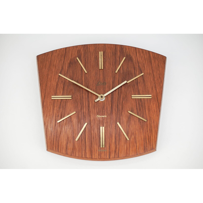 Orologio da parete di metà secolo in teak e ottone di Elexacta Schatz, Germania 1960