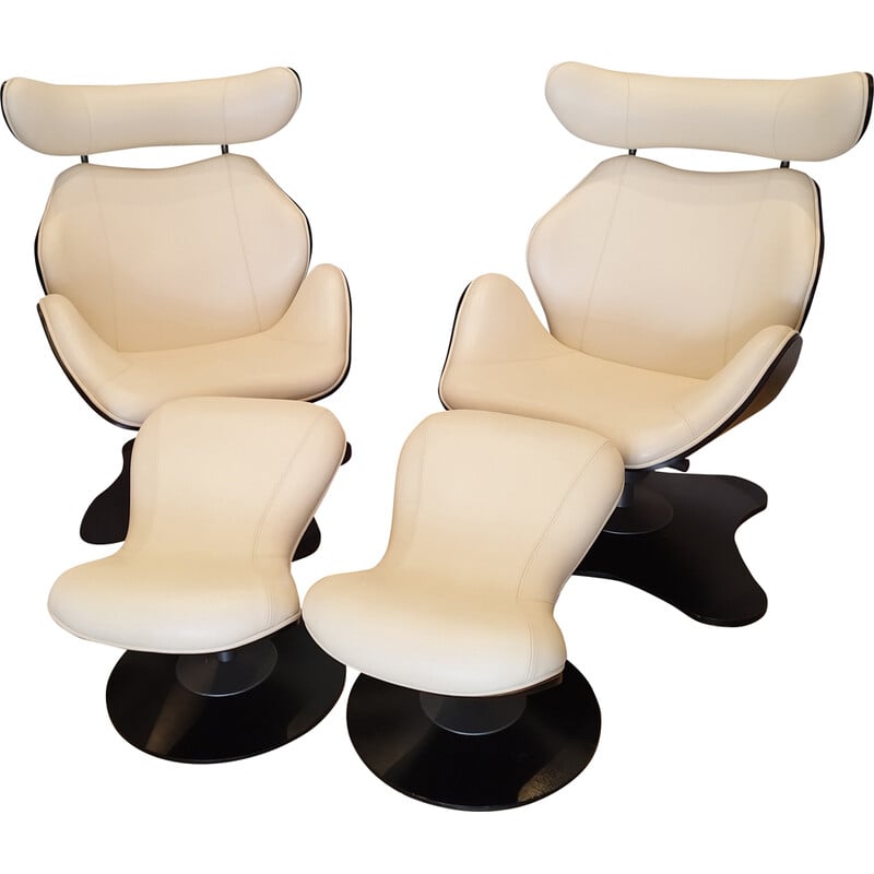 Pair of vintage Tok armchairs in white leather and wood by Toshiyuki Kita