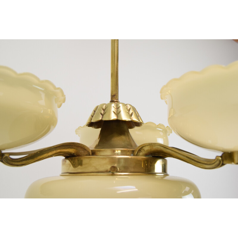 Art deco vintage brass and glass chandelier, Czechoslovakia 1930s