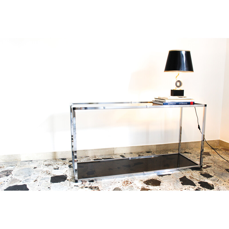 Vintage console in chromed metal and smoked glass, Italy 1970s