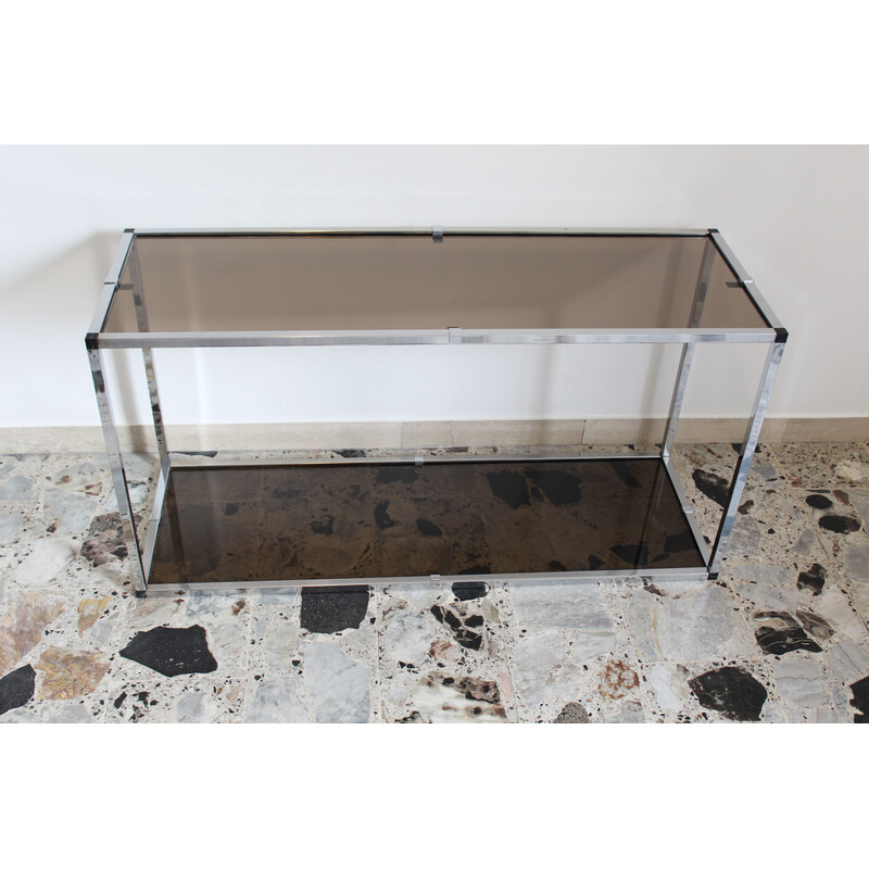Vintage console in chromed metal and smoked glass, Italy 1970s