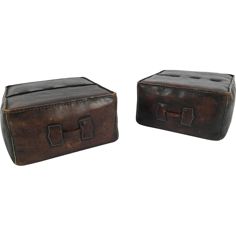 Pair of vintage leather poufs with carrying handle