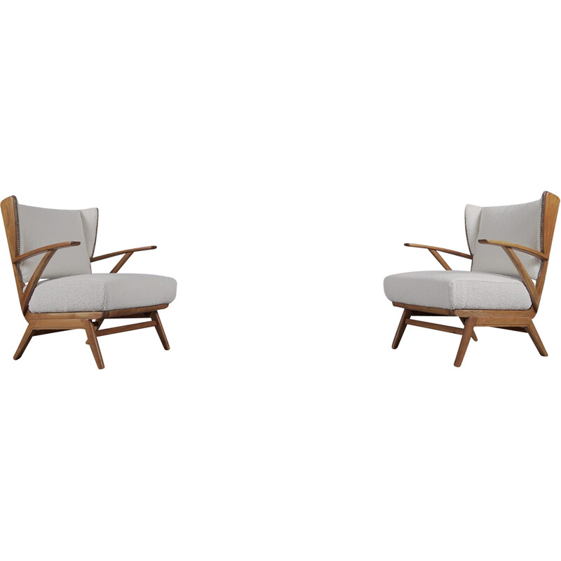 Pair of vintage wooden and boucle armchairs, 1950s