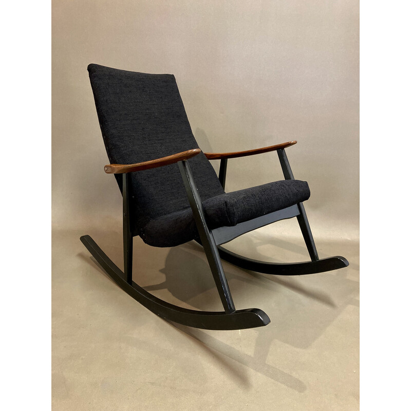 Scandinavian vintage teak and velvet rocking chair, 1950