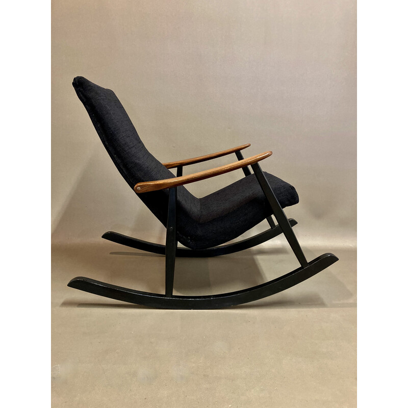 Scandinavian vintage teak and velvet rocking chair, 1950