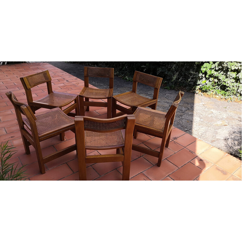 Set of 6 vintage brutalist chairs in elmwood and cane, 1960s
