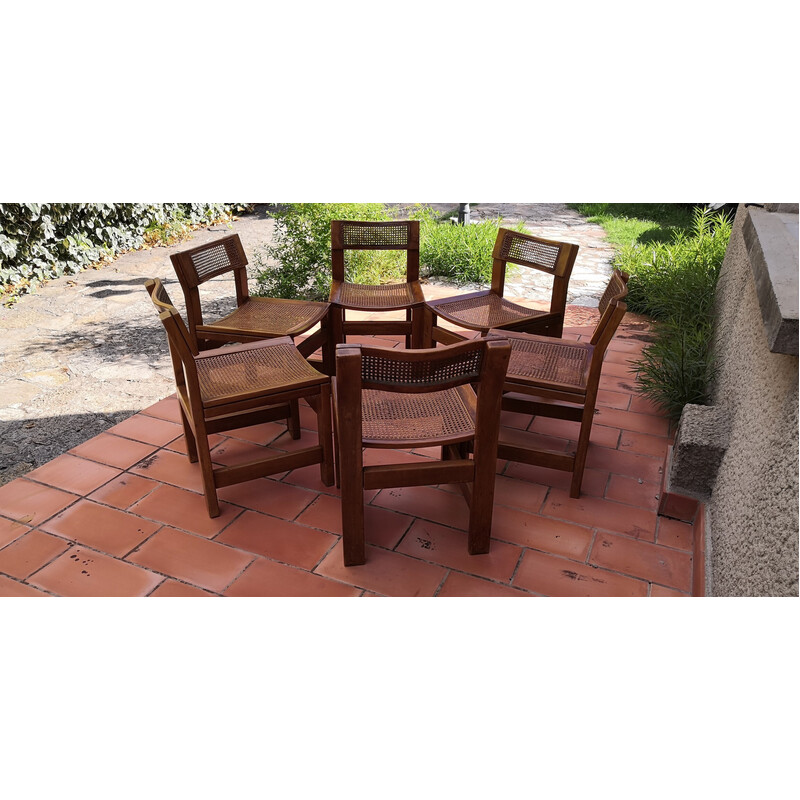 Set of 6 vintage brutalist chairs in elmwood and cane, 1960s