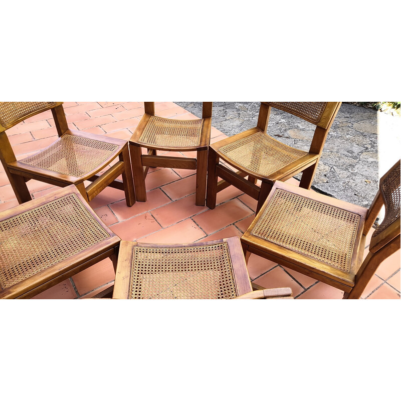 Conjunto de 6 sillas brutalistas vintage de olmo y caña, 1960