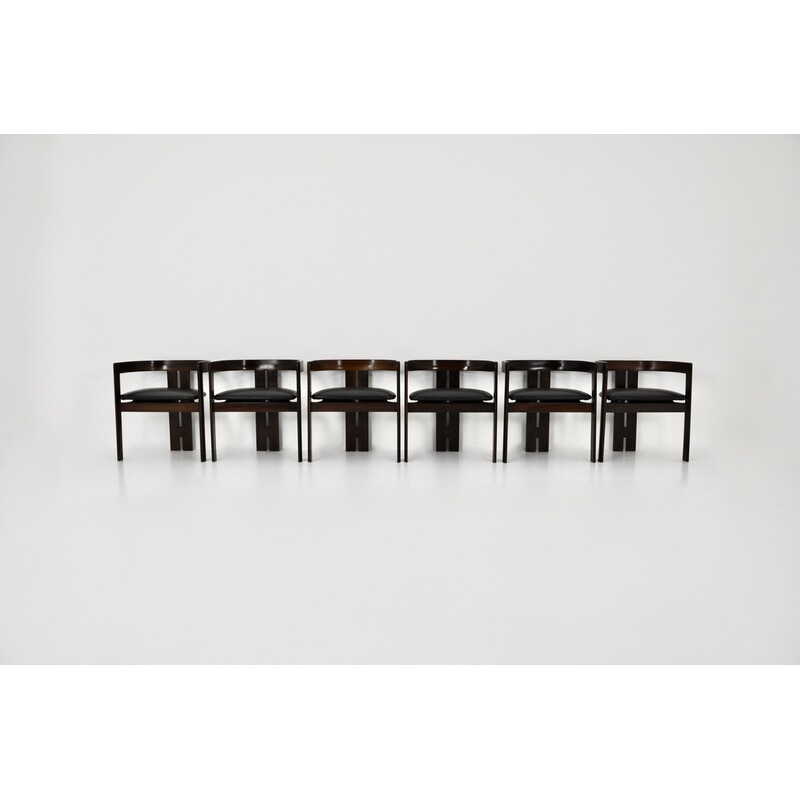 Set of 6 vintage "Pigreco" chairs in wood and leather by Tobia and Afra Scarpa for Gavina, 1960s