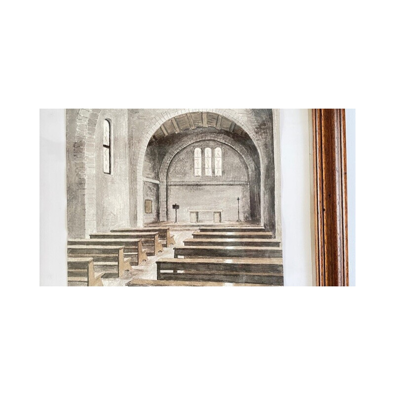 Tableau aquarelle vintage " intérieur d'une chapelle", 1983