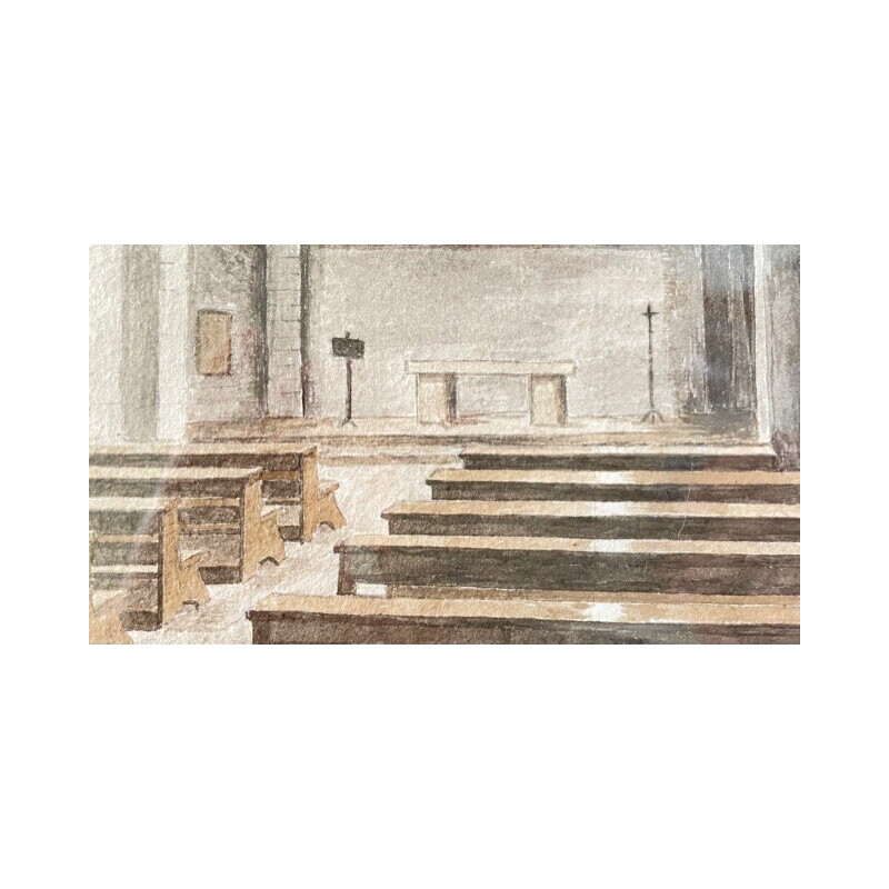 Vintage aquarel schilderij "in een kapel", 1983