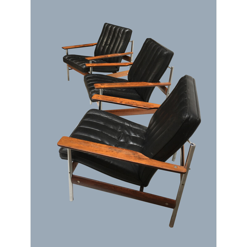 Lot de 3 fauteuils en cuir et palissandre de Rio par Sven Ivar Dysthe - 1960