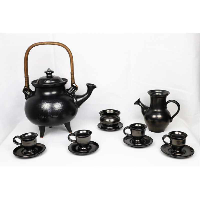 Vintage black ceramic tea set by Jean Marais, 1980