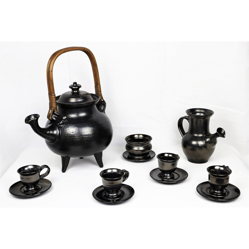 Servizio da tè vintage in ceramica nera di Jean Marais, 1980