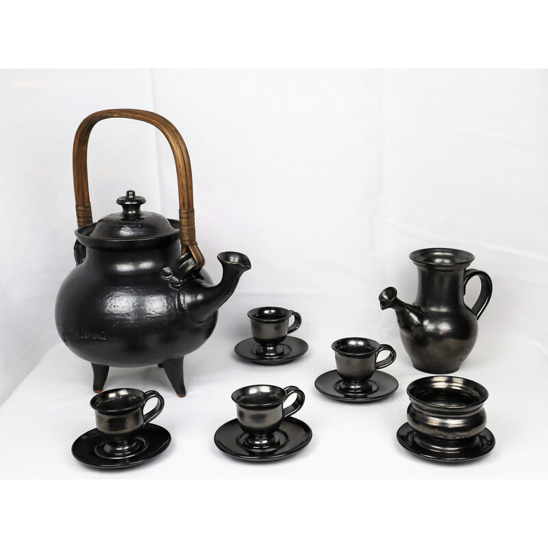 Vintage black ceramic tea set by Jean Marais, 1980