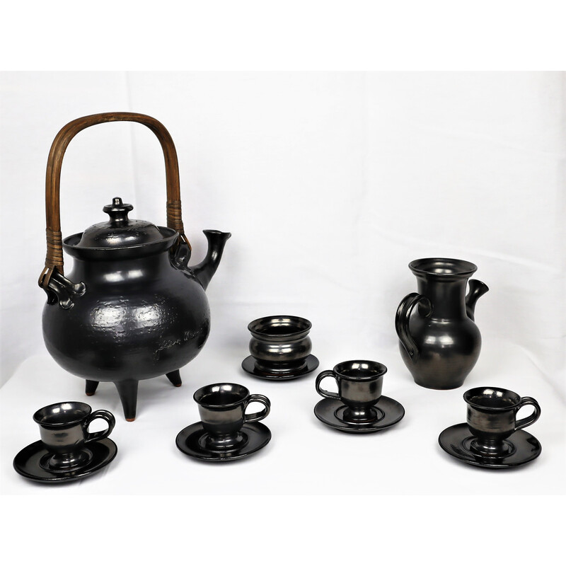 Vintage black ceramic tea set by Jean Marais, 1980