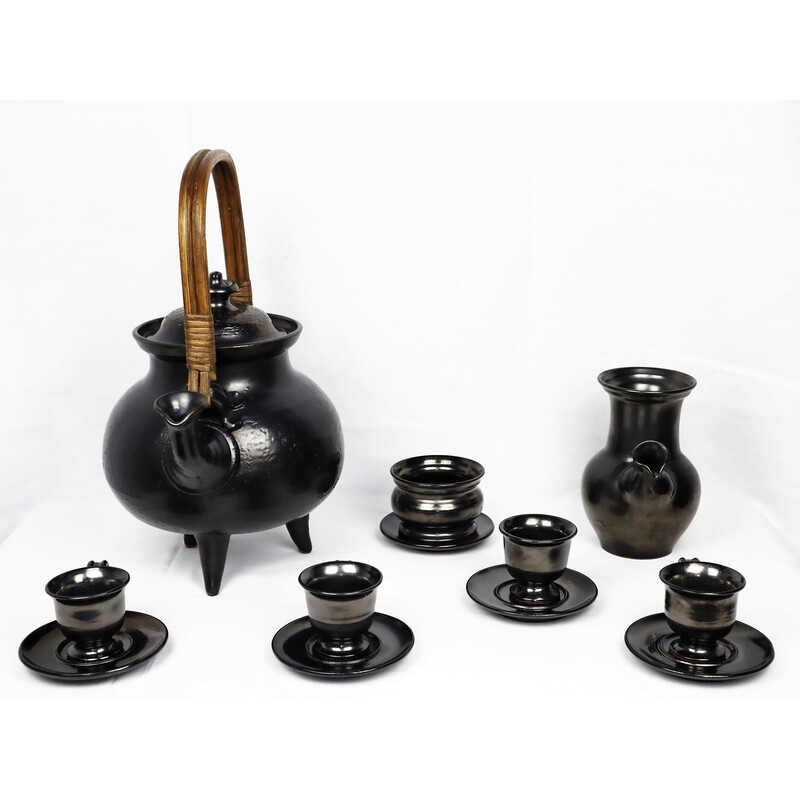 Vintage black ceramic tea set by Jean Marais, 1980