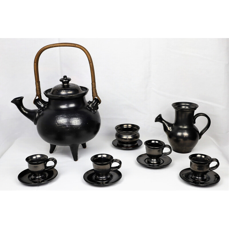 Vintage black ceramic tea set by Jean Marais, 1980