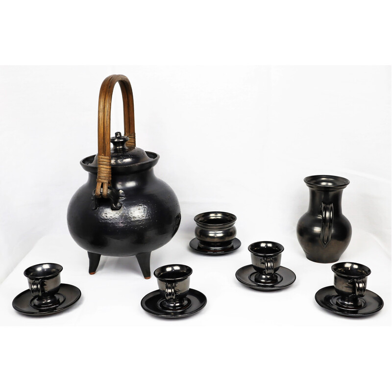 Vintage black ceramic tea set by Jean Marais, 1980