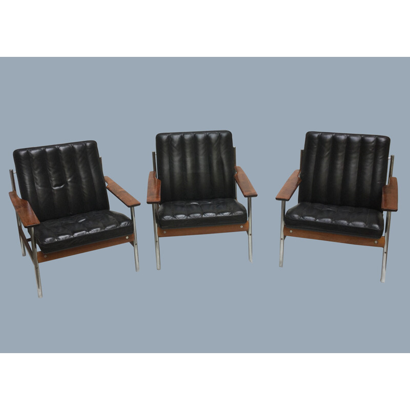 Set of 3 armchairs in leather and Rio rosewood by Sven Ivar Dysthe - 1960s