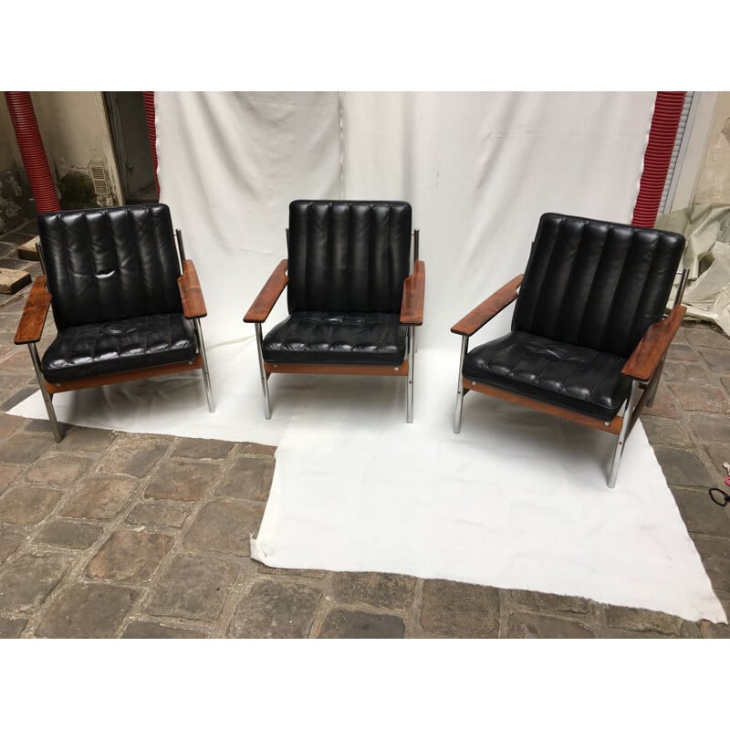 Set of 3 armchairs in leather and Rio rosewood by Sven Ivar Dysthe - 1960s