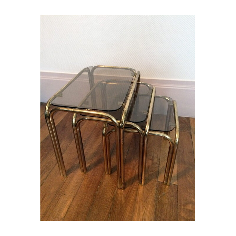 Set of 3 nesting tables in golden chromed metal - 1970s