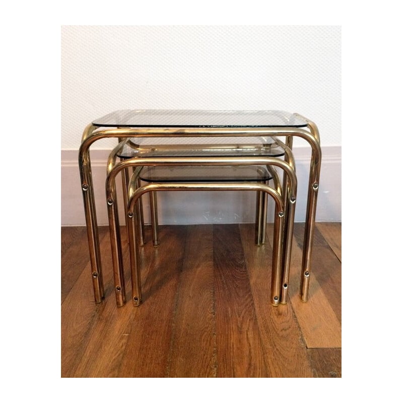 Lot de 3 tables gigognes vintage en acier chromé doré - 1970