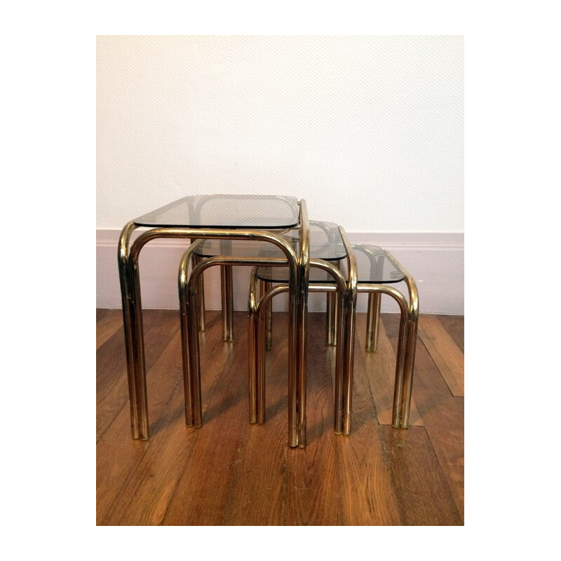 Lot de 3 tables gigognes vintage en acier chromé doré - 1970