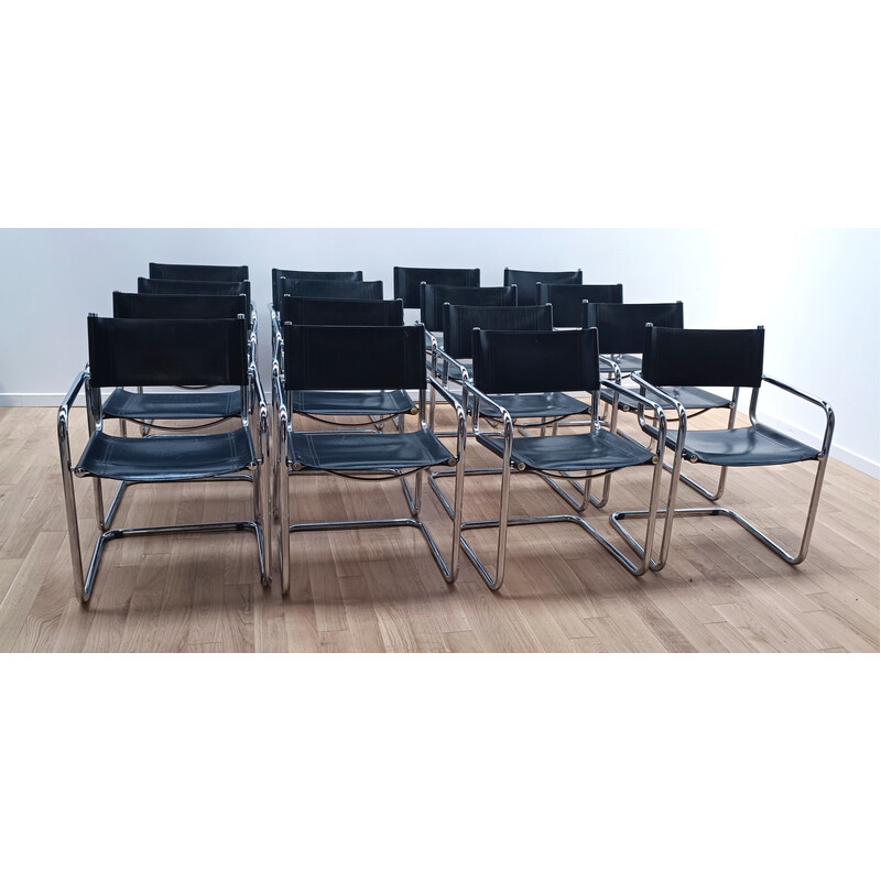 Vintage B34 chair with seating and backrest in thick black leather and chromed aluminum structure by Marcel Breuer